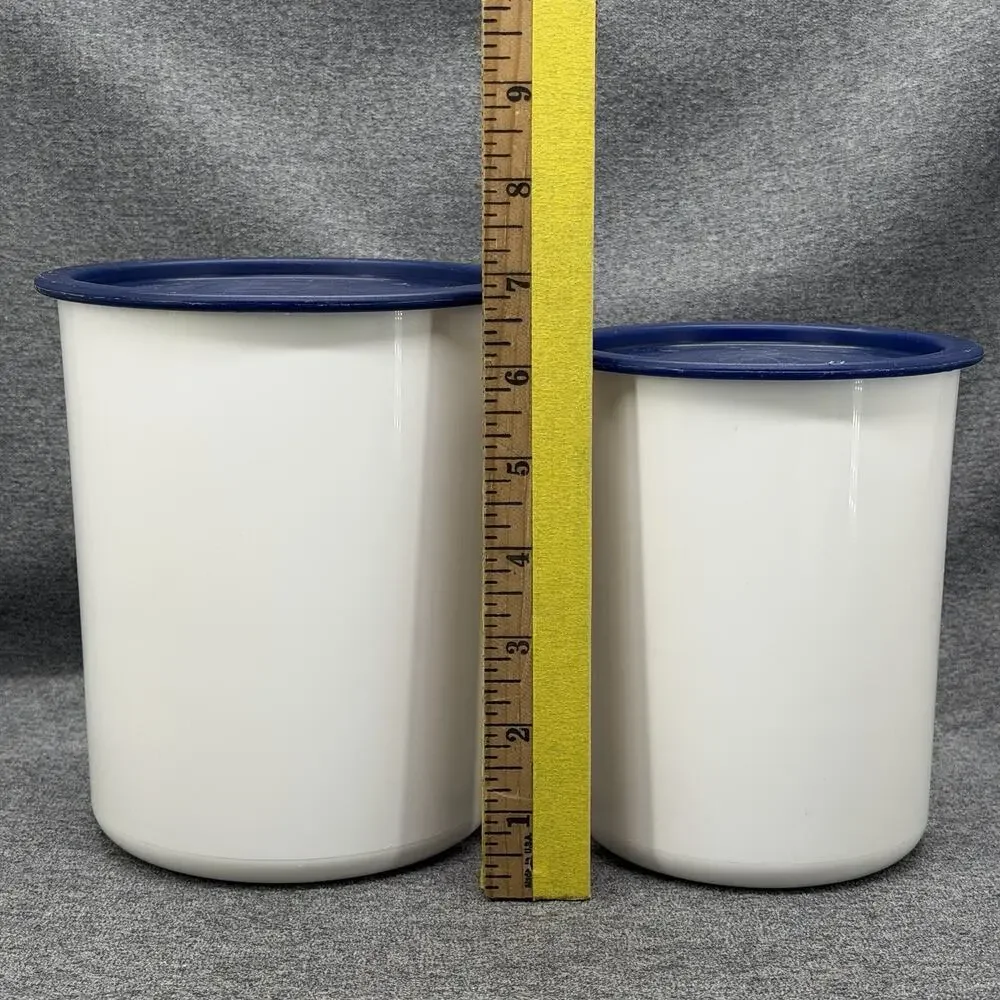 2pc Tupperware White Canisters Blue One Touch Lids Nesting Reminder Window USA